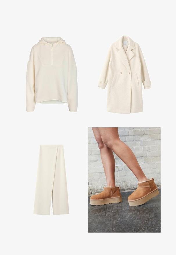Abrigo de corte cruzado en suave tela crema, con solapas de pico, bolsillos laterales y puños enrollados para añadir detalle y textura.; Noisy May Half-Zip Fleece NMCOZY - Suéter de forro polar - eggnog; Pantalones anchos color crema con cintura alta y un detalle de solapa superpuesta en la parte delantera.; Botas de tobillo de ante marrón con forro suave, suela de plataforma gruesa beige y una lengüeta trasera. Superficie texturizada con detalles de costura visibles.