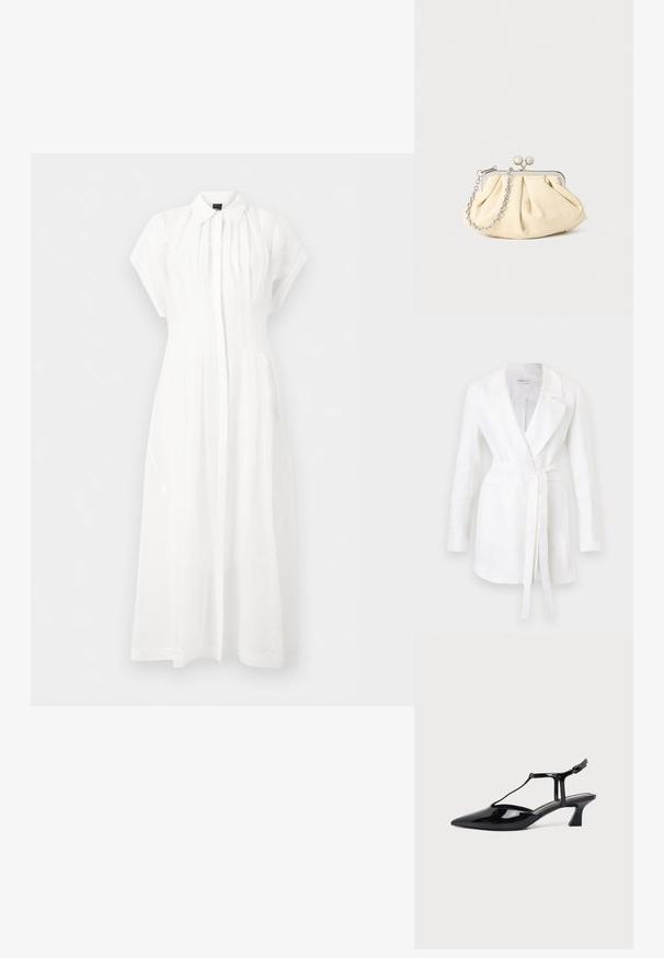 Blazer blanc à manches longues avec revers crantés, deux poches avant et une ceinture à nouer à la taille, suspendu sur un fond uni.; Robe midi blanche à manches courtes avec col à revers, plis avant et fermeture boutonnée dissimulée, présentée sur un fond uni.; Chaussure slingback en cuir verni noir à bout pointu avec bride en T et petit talon bloc incliné sur fond blanc.; Pochette en cuir beige plissé avec un cadre en métal argenté, dotée de deux fermoirs ronds décoratifs et d'une chaîne en argent.