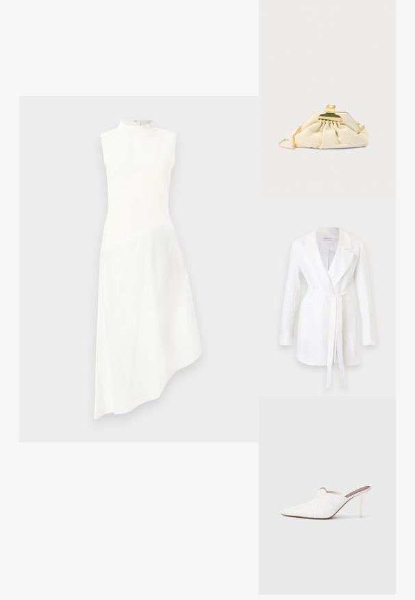 Hvid blazer med lange ærmer, hakkede revers, to forlommer og et bælte til at binde i taljen, hængende mod en ensfarvet baggrund.; Ærmeløs hvid kjole med høj hals og asymmetrisk kant, med en tætsiddende overdel og flydende nederdel.; Hvide mule sko med spids snude, plisseret tekstur på overdelen og en slank stilet hæl. Glat overflade og minimalistisk design.; Kremfarvet clutchtaske lavet af blødt materiale, med guldlås og kæderem, og med et smock-design på taskens overflade.