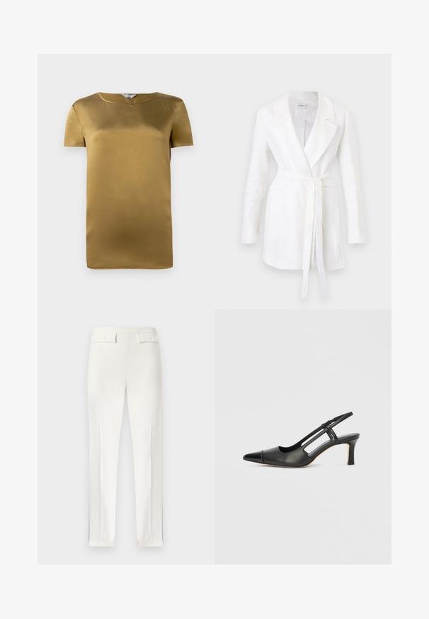Witte blazer met lange mouwen, met ingezette revers, twee voorzakken en een ceintuur om de taille te knopen, hangend tegen een effen achtergrond.; Korte mouwen top in olijfgroen satijn, met een ronde halslijn en een gladde textuur. Eenvoudig ontwerp met rechte snit en geen versieringen.; Witte getailleerde damesbroek met voorvouwen en twee met knopen sluitbare klepzakken op de tailleband, plat weergegeven.; Zwarte leren slingback schoen met een puntige neus, voorzien van een glanzend detail op de neuskap en een hak van gemiddelde hoogte. Open zijkant ontwerp.