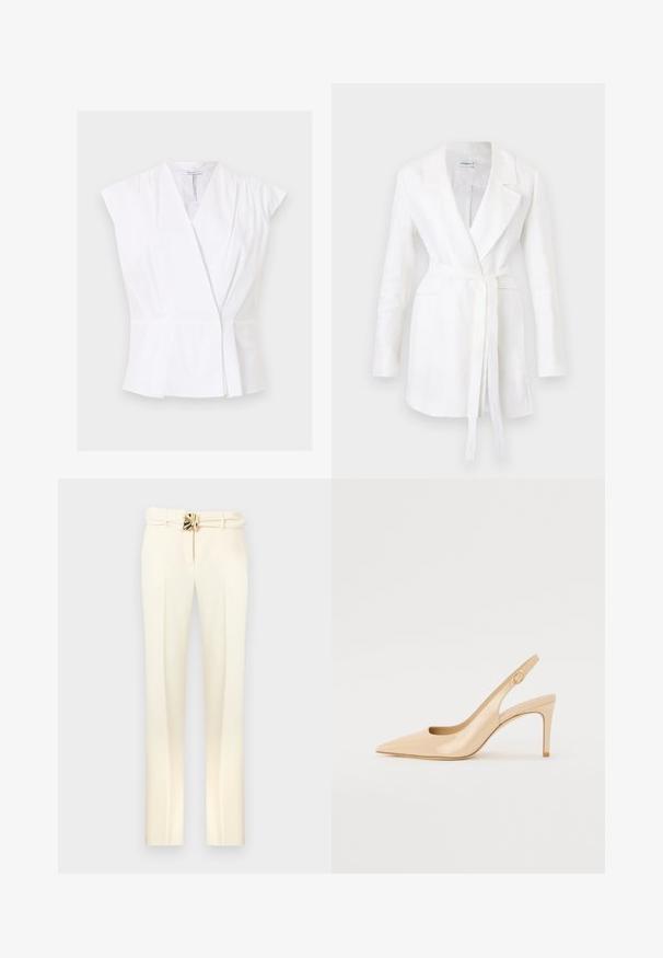 Blazer blanc à manches longues avec revers crantés, deux poches avant et une ceinture à nouer à la taille, suspendu sur un fond uni.; Blouse blanche sans manches à effet cache-cœur avec décolleté en V et légers plis près des épaules et de la taille sur un fond uni.; Pantalon sur mesure de couleur crème avec une taille ceinturée ornée de détails en métal doré, jambes droites, et une texture lisse et douce.; Escarpin slingback en cuir verni nude avec un bout pointu, un décolleté ouvert et un talon aiguille fin. Comprend un accent doré circulaire sur la sangle.