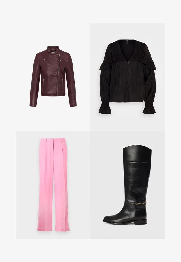Bordová kožená bunda s asymetrickým predným zipsom, stojatým golierom so zarážkami a bočnými vreckami na zips, zobrazená na ploche.; Lindex BLOUSE EMMY - Blúzka - black; Ružové ľanové nohavice s voľným strihom, obsahujúce predné skladky, zapínanie na gombík a bočné vrecká. Hladká textúra a rovný strih.; Čierna kožená čižma po kolená s rovnou líniou, okrúhlou špičkou, nízkym opätkom a zlatým reťazovým doplnkom pri členku. Hladký povrch.