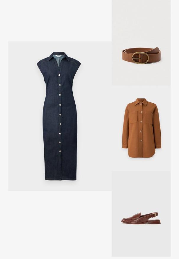 Brun ulden skjortejakke med spids krave, lukning med seks knapper, to brystlommer og sidelommer. Glat tekstur og afslappet pasform.; Denimkjole med knaplukning foran, krave, korte ærmer og tætsiddende silhuet, i en mørk vask med subtile stikninger.; Dolce Vita HARDI - Loafers - brown; Brunt læderbælte sammenrullet med en oval messing spænde, vist på en ensfarvet hvid baggrund.