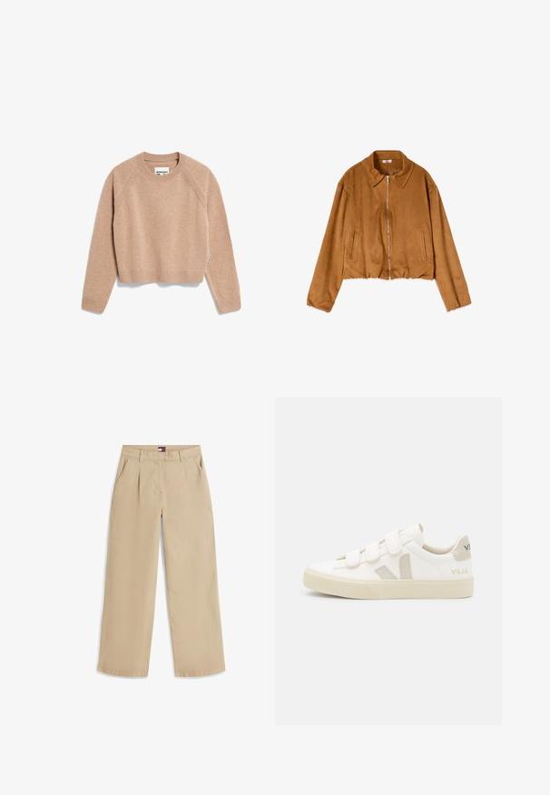 Braune Wildlederjacke mit Reißverschluss, langen Ärmeln, Kragen, Seitentaschen und elastischem Saum vor weißem Hintergrund.; Beige Cropped-Pullover aus weichem Stoff. Mit Raglanärmeln, geripptem Halsausschnitt und Bündchen sowie einer subtilen Textur. Ideal zum Layering.; Beige gerade geschnittene Hose mit vorderen Falten, Seitentaschen, Gürtelschlaufen und einem kleinen Logoschild am inneren Bund.; Weiße Sneakers mit Klettverschluss, Wildlederakzenten in Beige, texturierten Gummi-Sohlen und grauem V-Logo. Minimalistisches Design, abgerundete Form.