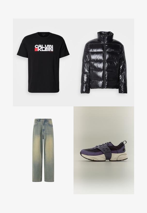 Schwarze Puffjacke mit glänzender Oberfläche, hochgeschlossenem Kragen, Frontreißverschluss und zwei seitlichen Reißverschlusstaschen. Gequiltetes Design in Boxform.; Schwarzes Baumwoll-T-Shirt mit auffälligem weißen und roten "CALVIN KLEIN"-Logo über der Brust. Kurzarm- und Rundhalsausschnitt-Design.; Helles blaue Denim-Weite Beinform-Jeans mit einem verblassten Farbverlauf, ausgestattet mit fünf Taschen und einem klassischen Bund mit Gürtelschlaufen.; Lila-schwarzer Jordan-Sneaker mit Mesh-Obermaterial, dicker weißer Sohle und Mittelfußriemen, im Seitenprofil auf neutralem Hintergrund gezeigt.