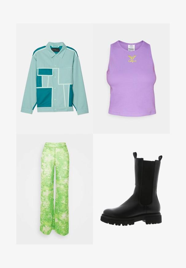 Lyseblå jakke med forskellige nuancer af teal-lapper. Designet inkluderer firkantede og rektangulære former, med lys kontrasterende syninger og knapper.; Lilla afdæmpet tanktop lavet af strækbart stof; har en rund halsudskæring og et gult broderet logo med et vinget design på brystet.; Henrik Vibskov SWAY PLISSÉ PANTS - Bukser - green; Sorte læder ankelstøvler med et slankt design, elastiske sidepaneler, grebsløkker og en kraftig gummisål med et takkede mønster.