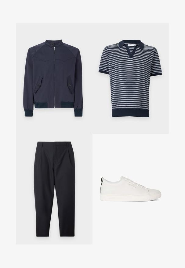 Marineblauwe bomberjack met een opstaande kraag, een ritssluiting aan de voorkant en twee schuine zakken; beschikt over ribgebreide manchetten en een ribgebreide tailleband.; Navyblauw poloshirt met korte mouwen, witte horizontale strepen, kleine logodetails en een V-hals.; Zwarte taps toelopende broek met zijzakken en riemlussen, plat weergegeven op een witte achtergrond.; Witte leren sneaker met een ronde neus, vlakke rubberen zool en tonale stiksels. Voorzien van een vetersluiting aan de voorkant en een zwarte lip om de hiel.