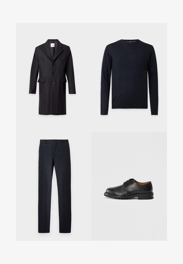 Manteau noir longueur genou avec revers à crans, trois boutons devant, deux poches à rabat et manches longues sur un fond clair.; Pull noir à manches longues avec col rond, poignets et ourlet côtelés, présenté sur un fond gris clair uni.; Pantalon de costume bleu marine avec fines rayures blanches, passants de ceinture et fermeture éclair à l'avant, présenté sur un fond blanc uni.; Chaussure de cuir noire avec un bout arrondi, un design à lacets et une semelle en caoutchouc texturée. Présente des coutures contrastantes et une doublure intérieure marron.