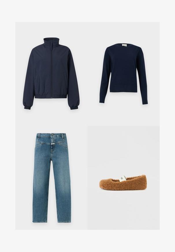 Veste bomber bleu marine avec col montant, fermeture éclair frontale, poignets élastiques, ceinture et deux poches latérales sur un fond clair uni.; Pull à manches longues bleu marine à col rond avec poignets et ourlet côtelés, présenté sur un fond clair uni.; Jean bleu droit taille haute avec fermeture avant boutonnée et zippée, poches latérales inclinées, et léger effet délavé le long des jambes.; Chausson marron duveteux avec une semelle souple et une bande élastique blanche sur le dessus, sur un fond blanc uni.