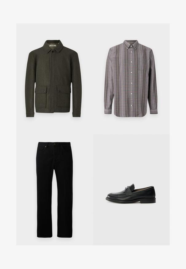 Veste en laine vert olive avec un col, fermeture à boutons sur le devant et deux grandes poches à bouton. Dispose d'un tissu texturé et d'une coupe droite.; Chemise à manches longues à boutons avec un motif écossais marron, blanc, bleu et violet, et une poche avant sur fond blanc.; Jean en denim noir avec une coupe droite, cinq poches, fermeture à bouton sur le devant et détails de couture subtils.; Mocassins en cuir noir avec une finition lisse, dotés d'une bande supérieure texturée, d'un talon bas et de détails de couture minimalistes.