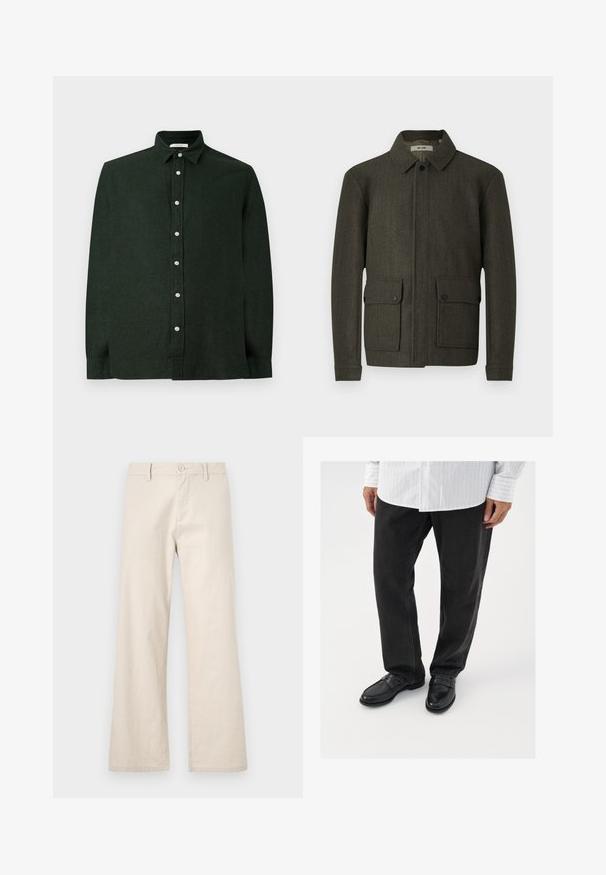 Olivenfarbene Wolljacke mit Kragen, Frontknopfverschluss und zwei großen, geknöpften Taschen. Merkmale sind der strukturierte Stoff und die gerade Passform.; Dunkelgrünes Langarmhemd aus strukturiertem Stoff, mit durchgehender Knopfleiste und klassischem Kragen. Schlichtes Design ohne Muster.; Beige weit geschnittene Hosen aus leichtem Stoff, mit Knopfverschluss und Fronttaschen, in einer glatten, untexturierten Ausführung.; Schwarze Jeans kombiniert mit glänzenden schwarzen Slippern. Das Hemd ist weiß mit dünnen vertikalen Streifen, hat lange Ärmel und einen geknöpften Kragen.