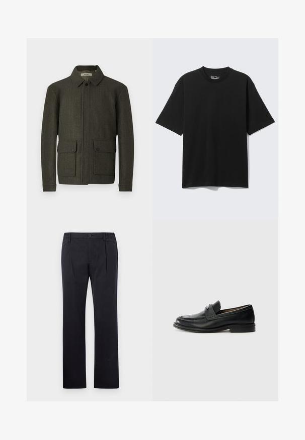 Veste en laine vert olive avec un col, fermeture à boutons sur le devant et deux grandes poches à bouton. Dispose d'un tissu texturé et d'une coupe droite.; T-shirt noir en coton à manches courtes et coupe décontractée, col rond, présenté sur un fond clair uni.; Pantalons en coton noirs avec une coupe droite, dotés d'une fermeture à bouton et d'une taille élastique pour un ajustement confortable. Texture lisse, sans motifs.; Mocassins en cuir noir avec une finition lisse, dotés d'une bande supérieure texturée, d'un talon bas et de détails de couture minimalistes.