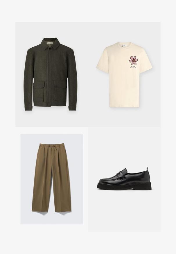 Veste en laine vert olive avec un col, fermeture à boutons sur le devant et deux grandes poches à bouton. Dispose d'un tissu texturé et d'une coupe droite.; T-shirt crème à manches courtes avec un motif fleur de basket rose et marron et le texte « Les Deux » sur la poitrine gauche.; Pantalons larges en vert olive, en tissu doux avec une taille élastique et un cordon de serrage ajustable. Comprend deux poches latérales.; Chaussures en cuir noir de style mocassin avec une semelle plate et texturée, présentant un bout piqué et une sangle traversant le cou-de-pied.