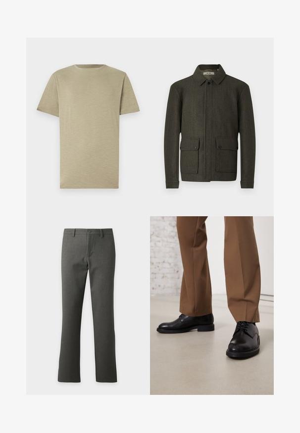 Olivenfarbene Wolljacke mit Kragen, Frontknopfverschluss und zwei großen, geknöpften Taschen. Merkmale sind der strukturierte Stoff und die gerade Passform.; Helles Khaki-T-Shirt, kurze Ärmel, Rundhalsausschnitt, weiche Textur, glatter Stoff, ohne Muster oder Akzente, gerade geschnitten, neutrale Farbe.; Dunkelgraue gerade geschnittene Hose mit Gürtelschlaufen, Knopfverschluss und Reißverschluss, vor einem einfarbigen hellen Hintergrund präsentiert.; Schwarze Lederschuhe mit glatter Oberfläche und runder Zehenpartie, mit Schnürverschluss und einer flachen, niedrigen Sohle. Kombiniert mit braunen Hosen.