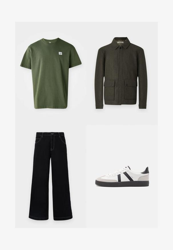 Veste en laine vert olive avec un col, fermeture à boutons sur le devant et deux grandes poches à bouton. Dispose d'un tissu texturé et d'une coupe droite.; T-shirt en coton vert olive avec un col rond, des manches courtes et un petit patch logo sur la poitrine gauche. Texture lisse, coupe décontractée.; Pantalons larges noirs en denim, dotés d'une fermeture à boutons, de cinq poches et de coutures blanches contrastantes le long des coutures.; Baskets blanches avec des accents noirs et gris, présentant un embout texturé gris, une semelle en caoutchouc noir et des lacets plats blancs. Design épuré, style minimaliste.