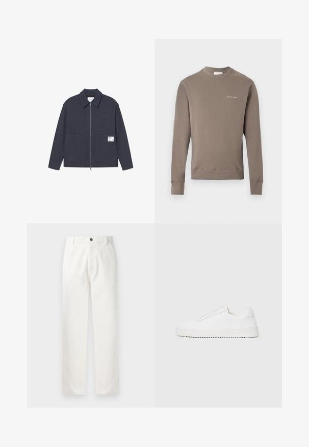 Navyblauwe jas met een frontrits, patchzakken en een klein label op de linkerzak, met een gestructureerde kraag en gladde stof.; Langarm taupe sweatshirt met ribbels aan de manchetten en onderkant, met een klein wit logo "Tiger of Sweden" op de linkerborst.; Witte katoenen broeken met een rechte pasvorm, voorzakken, een metalen knoopsluiting en subtiele stiksels langs de naden.; Witte sneaker met een gladleren bovenkant, ronde neus, veters, gestructureerde zijaccenten en een dikke rubberen zool. Minimalistisch ontwerp.