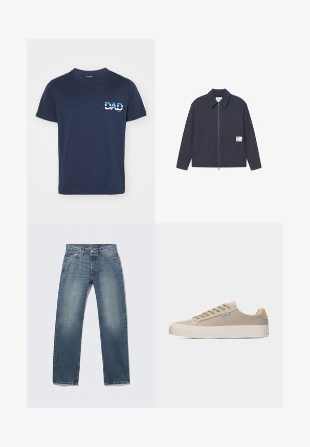 Navyblauwe jas met een frontrits, patchzakken en een klein label op de linkerzak, met een gestructureerde kraag en gladde stof.; Marineblauwe katoenen T-shirt met korte mouwen. Heeft een witte grafische tekst "DAD" aan de linkerkant, in een vet lettertype. Eenvoudig en casual ontwerp.; Blauwe spijkerbroek, recht model, medium gewassen met vervaagde gebieden, vijf zakken, koperen klinknagels en contrasterende stikseldetails.; Beige lage suède sneaker met tonale veters, dikke witte rubberen zool en een klein merklabel aan de zijkant.