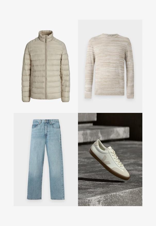 Beige gesteppte leichte Jacke mit horizontalen Nähten, Stehkragen, durchgehendem Frontreißverschluss und seitlichen Reißverschlusstaschen.; Beige Strickpullover mit strukturiertem, gestreiftem Muster. Rundhalsausschnitt und lange Ärmel mit gerippten Bündchen und Saum. Weicher, leichter Stoff.; Hellblaue gerade geschnittene Jeans aus Denim mit Fünf-Taschen-Design und Knopfverschluss an der Taille.; Weiße Leder-Sneaker mit beige-gummiartiger Sohle, flachen Schnürsenkeln und V-förmigem Akzent an der Seite. Verfügt über eine glatte Oberfläche und minimale Nahtdetails.