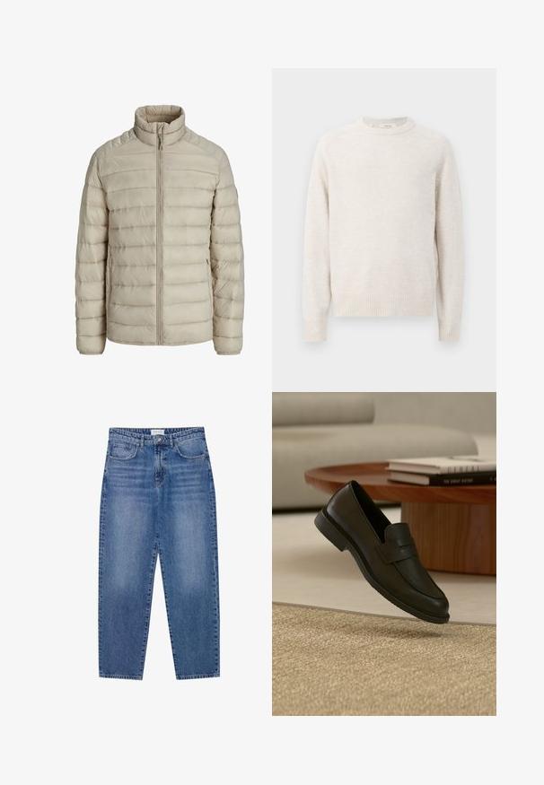 Beige gesteppte leichte Jacke mit horizontalen Nähten, Stehkragen, durchgehendem Frontreißverschluss und seitlichen Reißverschlusstaschen.; Cremefarbener Pullover mit rundem Ausschnitt, gerippten Bündchen und Saum. Weiche Textur mit einem einfachen, klaren Design und Raglanärmeln.; Blaue Denim-Jeans mit hoher Taille, geradem Bein und ausgebleichtem Finish. Verfügt über fünf Taschen und einen Knopfverschluss.; Schwarzer Lederloafer-Schuh schwebt über einem beige gewebten Teppich, mit einem Holztisch und gestapelten Büchern in einem sanft beleuchteten Wohnzimmer.