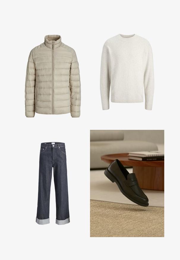 Veste légère matelassée beige avec coutures horizontales, col montant, fermeture éclair intégrale à l'avant et poches latérales zippées.; Pull long uni de couleur crème avec un col rond et des poignets et ourlet côtelés.; Jeans en denim foncé à jambes larges avec un ourlet retourné, une fermeture à bouton et des poches à l'avant. Le tissu a une texture lisse avec des détails de couture discrets.; Chaussure mocassin en cuir noir présentée en suspension au-dessus d'un tapis beige tissé, avec une table en bois et des livres empilés dans un salon doucement éclairé.