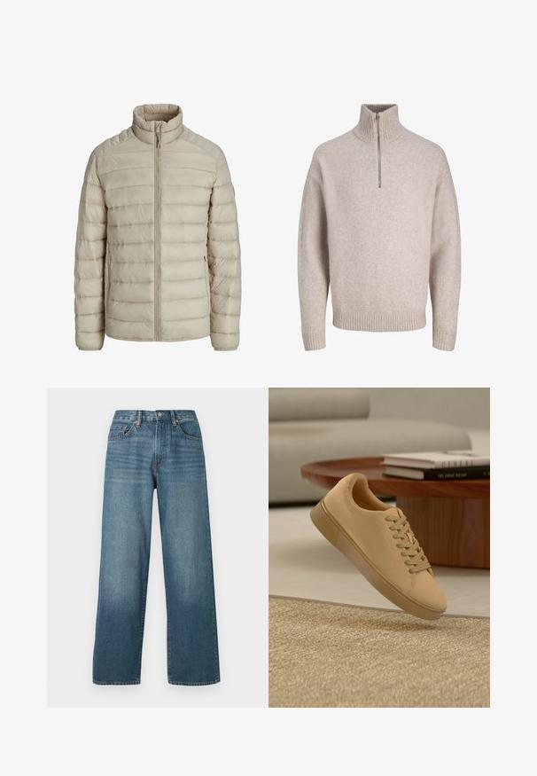 Beige gesteppte leichte Jacke mit horizontalen Nähten, Stehkragen, durchgehendem Frontreißverschluss und seitlichen Reißverschlusstaschen.; Beiger Pullover mit Viertelreißverschluss aus weichem Strickstoff. Mit geripptem Kragen und Bündchen, einem lockeren Schnitt und nahtlosem Design.; Weite, dunkelblaue Denim-Jeans mit Knopfverschluss, Gürtelschlaufen und einem ausgewaschenen Textur. Mit fünf Taschen und Kontrastnähten.; Beiger geschnürter Sneaker, der über einem strukturierten Teppich mit Holzcouchtisch und gestapelten Büchern im verschwommenen Hintergrund schwebt.