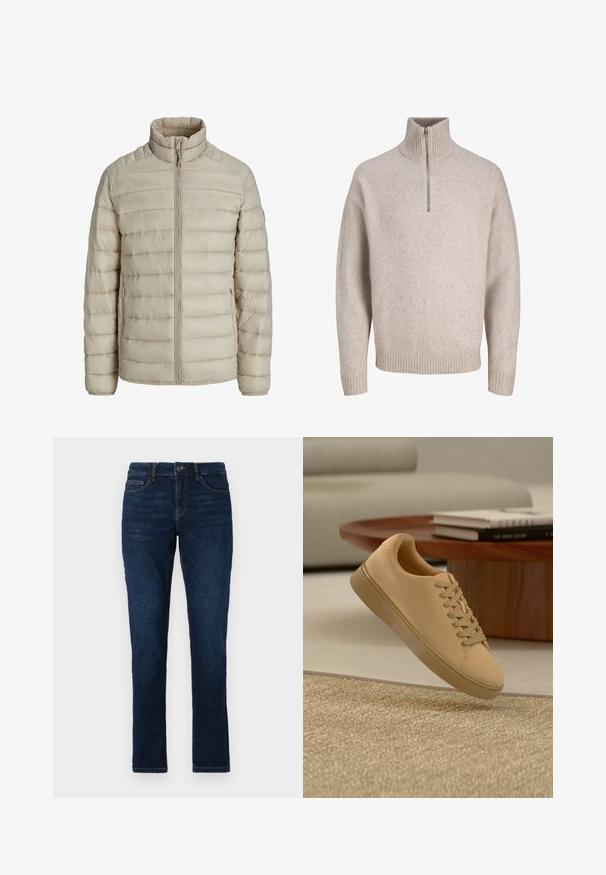Beige quiltet letvægtsjakke med horisontale syninger, stående krave, fuld frontlynlås og lynlåslommer i siderne.; Beige kvart-zip pullover sweater i blødt strikket stof. Har ribbet krave og manchetter, med en afslappet pasform og sømløst design.; Mørkeblå denimjeans med slim fit, standard fem lomme-design og lukning med knap og lynlås. Glat tekstur med minimal falming.; Beige snørestøvler, der svæver over et tekstureret tæppe med et træ sofabord og stablede bøger i en sløret baggrund.