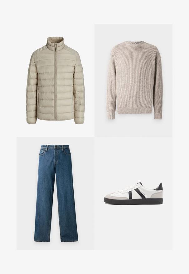Beige gesteppte leichte Jacke mit horizontalen Nähten, Stehkragen, durchgehendem Frontreißverschluss und seitlichen Reißverschlusstaschen.; Beiger strukturierter Pullover mit vertikalen Streifen, Rundhalsausschnitt und langen Ärmeln. Die Rippbündchen und der untere Saum verbessern das Design.; Dunkelblaue Jeans aus Denim mit einem lässigen Schnitt, geraden Beinen, fünf Taschen und kontrastierenden Nähten. Verfügt über einen Frontknopf und einen Reißverschluss.; Weiße Sneaker mit schwarz- und grau-aczenten, ausgestattet mit einer strukturierten grauen Zehenkappe, schwarzer Gummi-Sohle und flachen weißen Schnürsenkeln. Sauberes Design, minimalistische Stil.