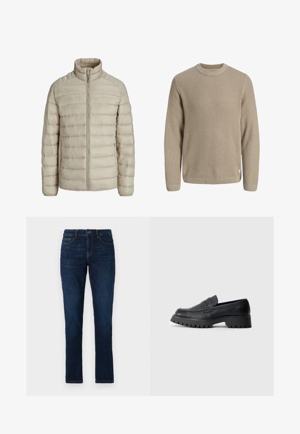 Beige quiltet letvægtsjakke med horisontale syninger, stående krave, fuld frontlynlås og lynlåslommer i siderne.; Beige ribstrikket sweater med lange ærmer og rund halsudskæring, vist mod en lys baggrund.; Mørkeblå denimjeans med slim fit, standard fem lomme-design og lukning med knap og lynlås. Glat tekstur med minimal falming.; Sorte læder loafers med en rund tå, prydet med en dekorativ rem og en kraftig gummisål med dybe riller for grip.