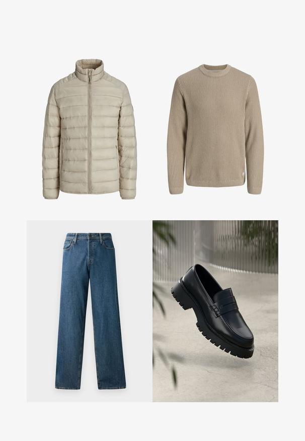 Beige quiltet letvægtsjakke med horisontale syninger, stående krave, fuld frontlynlås og lynlåslommer i siderne.; Beige ribstrikket sweater med lange ærmer og rund halsudskæring, vist mod en lys baggrund.; Mørkeblå denimjeans med en afslappet pasform, lige ben, fem lommer og kontrasterende syninger. Har en frontknap og lynlås lukning.; Sorte læder loafers med en chunky sål, der har en dekorativ rem og syninger. Glat tekstur med en poleret overflade.