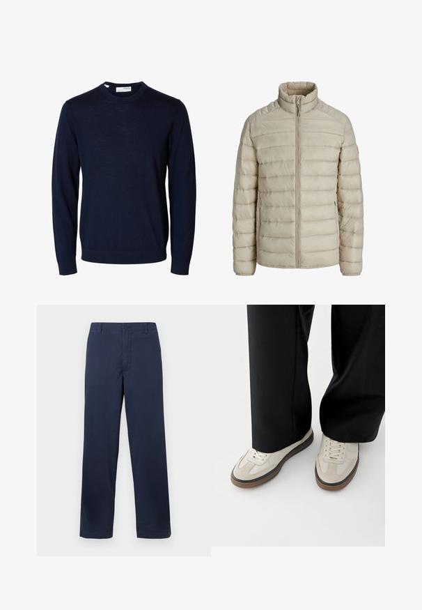 Beige gesteppte leichte Jacke mit horizontalen Nähten, Stehkragen, durchgehendem Frontreißverschluss und seitlichen Reißverschlusstaschen.; Marineblauer Langarmpullover mit Rundhalsausschnitt, gerippten Bündchen und Saum, gefertigt aus feinem Strickstoff.; Marineblaue Baumwollhosen mit geradem Bein, ausgestattet mit einem vorderen Knopfverschluss, Gürtelschlaufen und einer glatten Textur.; Füße mit beigen Sneakers mit braunen Sohlen und schwarzen Hosen mit weitem Bein auf weißem Hintergrund.