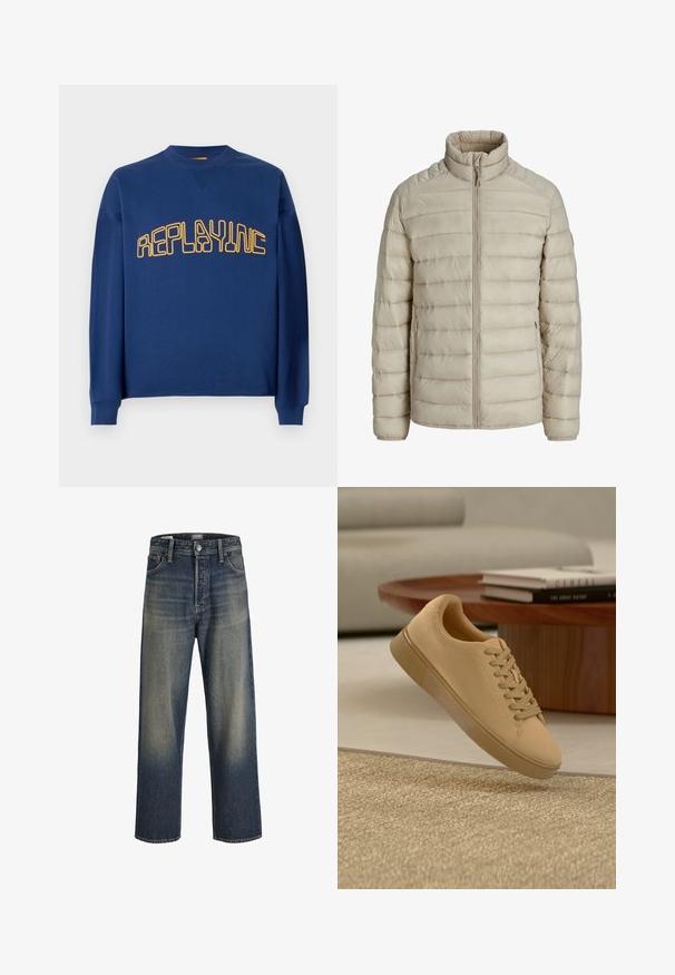 Beige gesteppte leichte Jacke mit horizontalen Nähten, Stehkragen, durchgehendem Frontreißverschluss und seitlichen Reißverschlusstaschen.; Navyblauer Rundhalsausschnitt-Pullover mit langen Ärmeln und gelbem, stilisiertem "REPLAYINC"-Text auf der Brust.; Weite Jeans in dunkelblauem Denim mit einem Farbverlauf-Finish, ausgestattet mit einem Knopfverschluss, einem Fünf-Taschen-Design und strukturierten Nähdetails.; Beiger geschnürter Sneaker, der über einem strukturierten Teppich mit Holzcouchtisch und gestapelten Büchern im verschwommenen Hintergrund schwebt.