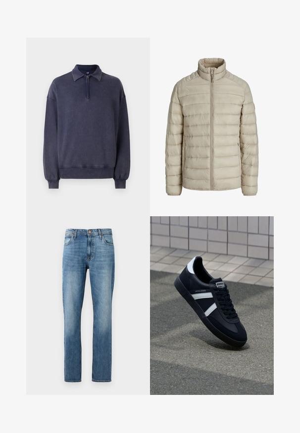Beige quiltet letvægtsjakke med horisontale syninger, stående krave, fuld frontlynlås og lynlåslommer i siderne.; Marineblå sweatshirt med halv-zip krave, afslappet pasform og ribbede manchetter. Lavet af blødt materiale med en tekstureret overflade.; Blå lige ben denimjeans med fem lommer, knap- og lynlås-lukning, præsenteret mod en ensfarvet hvid baggrund.; Sort lædersneaker med hvide striber, tekstureret gummisål og snørrebånd foran. Har et brandet mærke på tungen.