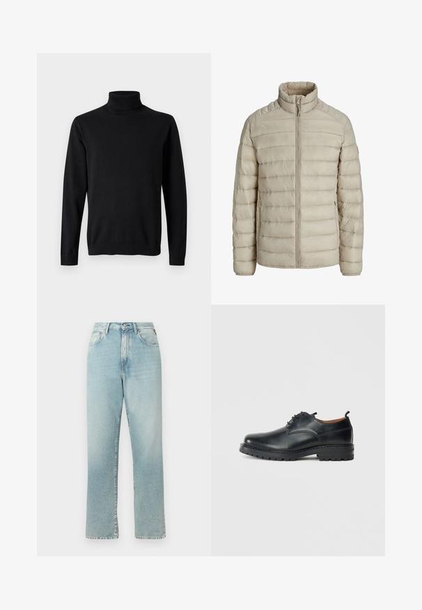 Veste légère matelassée beige avec coutures horizontales, col montant, fermeture éclair intégrale à l'avant et poches latérales zippées.; Pull noir à manches longues avec col roulé côtelé, poignets et ourlet sur fond gris clair uni.; Jean en denim bleu clair taille haute avec coupe droite. Il présente un design classique à cinq poches et une fermeture éclair avec bouton.; Chaussures derby en cuir noir avec une texture lisse, bout rond, design à lacets et une semelle en caoutchouc épaisse et robuste.