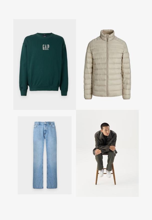 Beige quiltet letvægtsjakke med horisontale syninger, stående krave, fuld frontlynlås og lynlåslommer i siderne.; Grøn langærmet sweatshirt med ribbede manchetter og talje, med hvidt broderet "GAP" logo på brystet. Blødt stof.; Lyseblå denimjeans med lige ben, foran med knap og lommer, vist mod en ensfarvet hvid baggrund.; Ung mand i mørk læderjakke og jeans sidder på en træskammel, læner sig fremad med armene krydset og kigger til siden mod hvid baggrund.