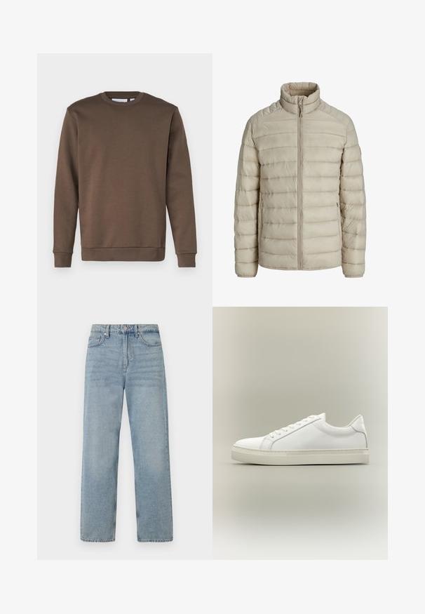 Beige quiltet letvægtsjakke med horisontale syninger, stående krave, fuld frontlynlås og lynlåslommer i siderne.; Only & Sons ONSCERES CREW NECK - Sweatshirt - major brown; Lys blå denim jeans med høj talje, lige ben-design, fem-lommes styling og subtil falming for et slidt udseende.; Hvid lavtop sneaker med snørebånd foran og tyk sål, vist fra siden mod en neutral baggrund.