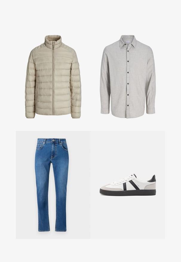 Chaqueta ligera acolchada beige con costuras horizontales, cuello alto, cierre frontal completo y bolsillos laterales con cremallera.; Camisa de manga larga gris claro, hecha de tela texturizada. Presenta un cuello tipo camisa con botones y seis botones negros en el frente.; Jeans de mezclilla azul con diseño de pierna recta, cinco bolsillos y detalles de costura visibles. El material muestra un ligero desvanecimiento. Estilo clásico.; Zapatilla blanca con acentos en negro y gris, que presenta una puntera texturizada en gris, suela de goma negra y cordones planos blancos. Diseño limpio, estilo minimalista.