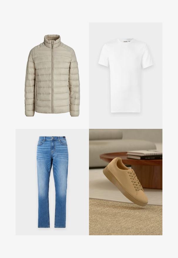 Beige doorgestikte lichte jas met horizontale steken, opstaande kraag, volledige frontritssluiting en ritssluitbare zijzakken.; Effen wit T-shirt met korte mouwen en een ronde hals, met een klein merklintje aan de binnenkant van de kraag, weergegeven op een witte achtergrond.; Lichtblauwe denim jeans met een rechte pasvorm, vijf zakken, sluiting met een knoop aan de voorkant en subtiele vervaging op de dijen.; Beige vetersneaker die boven een gestructureerd tapijt zweeft, met een houten salontafel en gestapelde boeken op een wazige achtergrond.