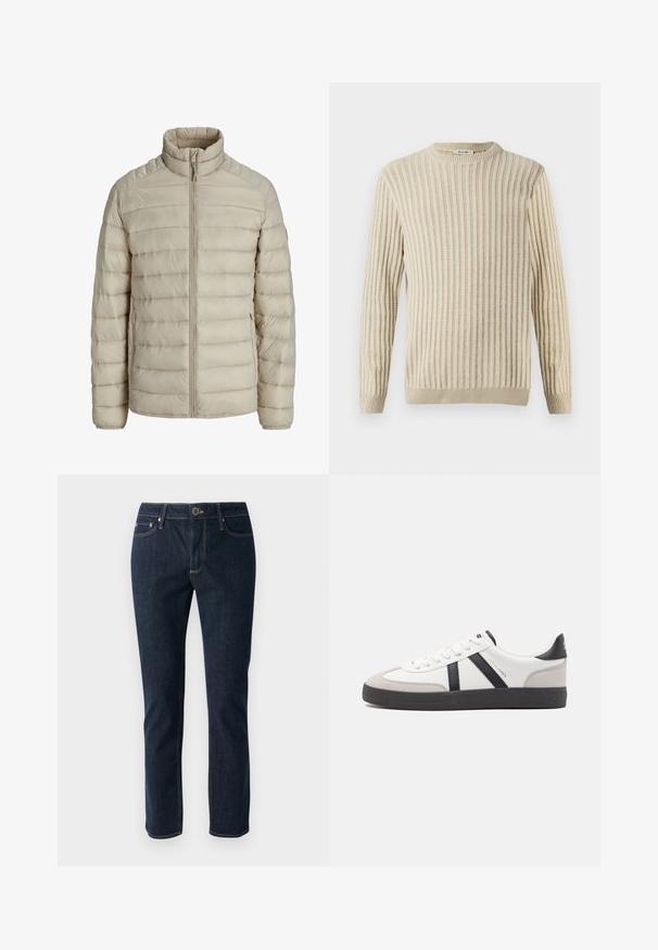Chaqueta ligera acolchada beige con costuras horizontales, cuello alto, cierre frontal completo y bolsillos laterales con cremallera.; Only & Sons ONSBRANT CREW KNIT - Camiseta estampada - beige; Vaqueros de mezclilla azul oscuro con un diseño de pierna recta, que cuentan con un cierre de botón, cinco bolsillos y costuras en contraste. Textura suave.; Zapatilla blanca con acentos en negro y gris, que presenta una puntera texturizada en gris, suela de goma negra y cordones planos blancos. Diseño limpio, estilo minimalista.