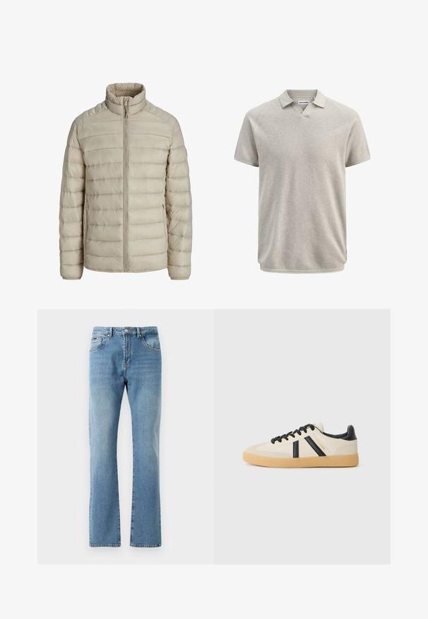Chaqueta ligera acolchada beige con costuras horizontales, cuello alto, cierre frontal completo y bolsillos laterales con cremallera.; Polo de manga corta en beige texturizado, con cuello y ligera apertura en V, de la marca Jack & Jones.; Jeans de mezclilla de color azul claro con un corte recto, cinco bolsillos y un desgaste sutil. Presentan una cintura clásica y dobladillo recto en los tobillos.; Zapatillas casuales en crema con rayas negras, con parte superior texturizada y suela de goma. Los cordones son negros. Logo sutil en el costado.
