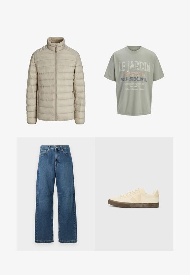 Beige quiltet letvægtsjakke med horisontale syninger, stående krave, fuld frontlynlås og lynlåslommer i siderne.; Lysegrøn kortærmet T-shirt med fransk tekst "Le Jardin Royale du Soleil" og en adresse trykt med hvid, pink og marineblå på fronten.; Blå denim jeans med afslappet pasform, lige ben, synlige sømme og lukkes med en knap foran. Har en sidelomme med accent.; Beige lærredssko med rund tå, flade snørebånd og struktureret brun gummisål. Har et logo på siden og et minimalistisk design.