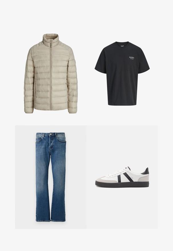 Beige doorgestikte lichte jas met horizontale steken, opstaande kraag, volledige frontritssluiting en ritssluitbare zijzakken.; Zwart T-shirt met korte mouwen, ronde hals en klein wit "Jack & Jones Archive Selection"-logo op de linkerborst.; Lichtblauwe denim jeans met een rechte pijpontwerp, voorzien van vijf zakken, een knoopsluiting en subtiele vervagingen op de stof.; Witte sneaker met zwarte en grijze accenten, voorzien van een grijze neus met textuur, zwarte rubberen zool en platte witte veters. Schoon ontwerp, minimalistische stijl.