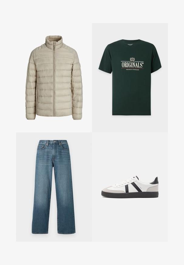 Beige doorgestikte lichte jas met horizontale steken, opstaande kraag, volledige frontritssluiting en ritssluitbare zijzakken.; Donkergroen T-shirt met korte mouwen met "ORIGINALS" en "Designed in Copenhagen" in crème en rood bedrukt op het midden van de voorkant.; Wijde donkerblauwe denim jeans met een knoopsluiting, riemlussen en een vervaagd textuur. Beschikt over vijf zakken en contrasterende stiksels.; Witte sneaker met zwarte en grijze accenten, voorzien van een grijze neus met textuur, zwarte rubberen zool en platte witte veters. Schoon ontwerp, minimalistische stijl.