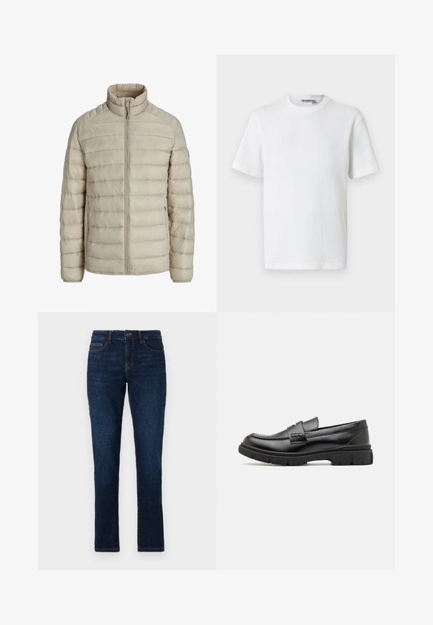 Beige gesteppte leichte Jacke mit horizontalen Nähten, Stehkragen, durchgehendem Frontreißverschluss und seitlichen Reißverschlusstaschen.; Weißes, kurzärmeliges T-Shirt mit Waffelstrick und Rundhalsausschnitt, mit kleinem Markenetikett im Kragen, auf einfarbigem Hintergrund präsentiert.; Dunkelblaue Jeans im Slim-Fit-Stil mit dem klassischen Fünf-Taschen-Design sowie einer Knopf- und Reißverschlussbefestigung. Glatte Textur mit minimalem Verblassen.; Schwarze Lederloafer mit einem breiten Riemen über dem Rist, Gummisohle mit dicken Profilen und glatter Textur. Klassisches, schlankes Design.