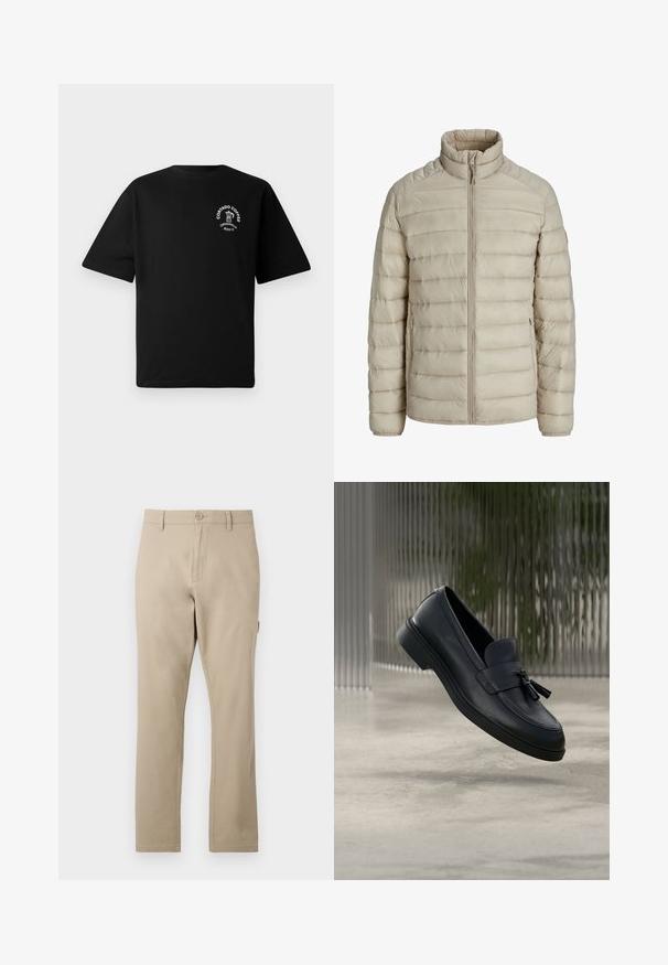 Veste légère matelassée beige avec coutures horizontales, col montant, fermeture éclair intégrale à l'avant et poches latérales zippées.; T-shirt noir à manches courtes avec un petit logo blanc sur la poitrine représentant une cafetière et le texte "Cortado Coffee Original 2013."; Pantalons en coton beige avec une coupe droite, dotés d'une fermeture à bouton à l'avant et de détails de couture subtils. Texture lisse, sans motifs.; Mocassins en cuir noir avec une texture lisse, un bout arrondi et des pampilles décoratives à l'avant. Semelle en caoutchouc flexible avec un petit talon.