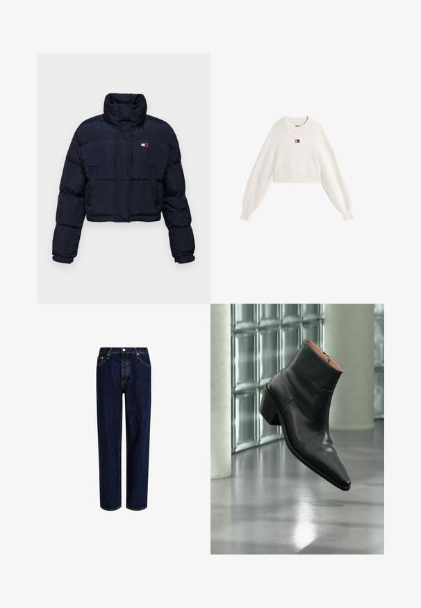 Hier ist eine kurz geschnittene, marineblaue Steppjacke mit hohem Kragen, gestepptem Design und Logodetail auf der linken Brust. Sie hat lange Ärmel und einen Frontreißverschluss.; Weißer cropped Pullover mit geripptem Muster, rundem Halsausschnitt und weiten Ärmeln. Verfügt über ein kleines Logo-Patch auf der Brust.; Dunkelblaue Denim-Jeans mit geradem Bein, hoher Taille, fünf Taschen und kontrastierenden Nähten. Ohne Verzierungen.; Schwarzer Leder-Stiefelette mit spitzer Schuhspitze und Blockabsatz, der über einem reflektierenden grauen Boden nahe einer Glassteinwand schwebt.