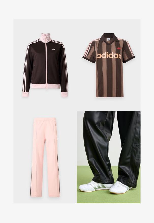 Čierno-ružová Adidas športová bunda s celým zipsom, ružové pruhy na rukávoch, ružové manžety a golier a logo Adidas na hrudi.; Hnedé prúžkované polo tričko Adidas s výstrihom do V, bordovým golierom a červeným logom. Má bielo-červené pruhy na ramenách a krátke rukávy.; Svetloružové teplákové nohavice s čiernymi bočnými pruhmi, vreckami na zips a elastickým pásom, zobrazené na bielom pozadí.; Čierne nohavice z umelej kože s voľným strihom, s hladkým povrchom a bočnými pruhmi. V páre s bielymi teniskami so striebornými detailmi.