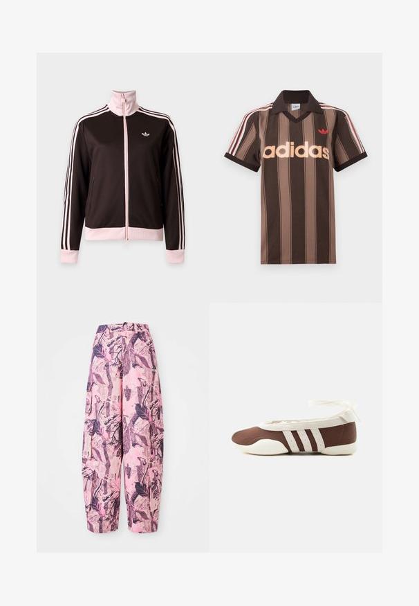 Čierno-ružová Adidas športová bunda s celým zipsom, ružové pruhy na rukávoch, ružové manžety a golier a logo Adidas na hrudi.; Hnedé prúžkované polo tričko Adidas s výstrihom do V, bordovým golierom a červeným logom. Má bielo-červené pruhy na ramenách a krátke rukávy.; Ružové a fialové široké nohavice s vzorom obsahujúce dizajn listov a vetvičiek, s vysokým pásom a bočnými vreckami pre väčšiu funkčnosť.; Hnedá a biela baletná balerína s tromi bielymi pruhmi a mašľou na zviazanie okolo členku na jednoduchom svetlom pozadí.