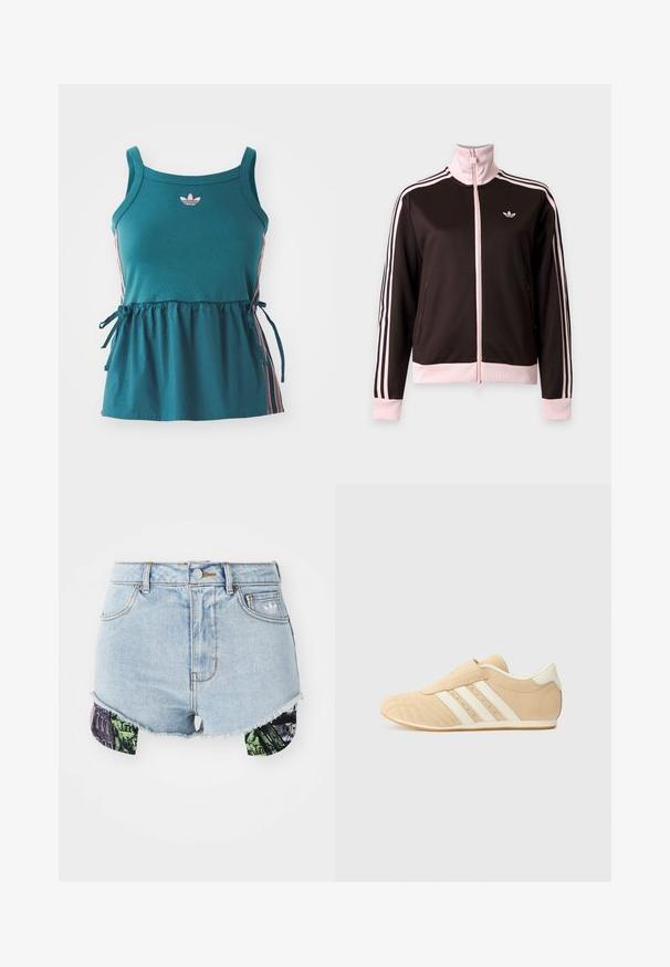 Čierno-ružová Adidas športová bunda s celým zipsom, ružové pruhy na rukávoch, ružové manžety a golier a logo Adidas na hrudi.; Tyrkysový bezrukávový top so zhromaždeným pásom, ružovými bočnými pruhmi a vyšitým logom. Vyrobený z mäkkého materiálu s voľným strihom a viazanými detailmi.; Džínové šortky v svetlo modrej farbe so zúbkovaným lemom a farebne vzorovanou látkou po stranách, s mestskými obrazmi a textúrami.; Svetlohnedé a krémové športové topánky s hladkým koženým zvrškom, troma bielymi pruhmi po stranách a zaoblenou špičkou. Štruktúrovaný zvršok s perforáciami.