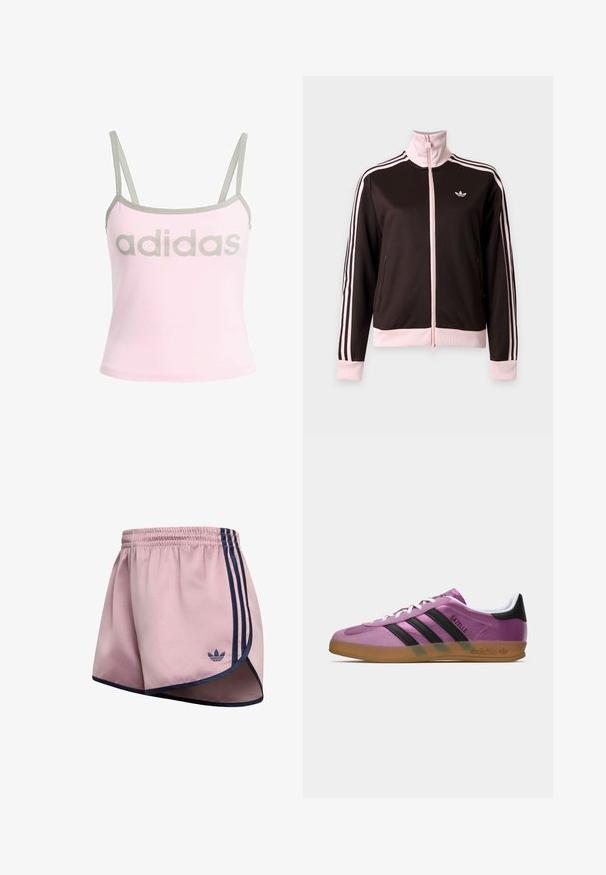 Zwart en roze Adidas trainingsjack met volledige ritssluiting, roze strepen op de mouwen, roze manchetten en kraag en Adidas-logo op de borst.; Lichtroze tanktop met grijze details en verstelbare spaghettibandjes, met een groot, gecentreerd grijs "adidas" logo. Katoenen materiaal.; Lichtroze sportshorts met marineblauwe biezen, drie marineblauwe zijstrepen, elastische tailleband en klein marineblauw Adidas-logo aan de voorkant.; Roze suède sneaker met zwarte strepen, witte veters en een gumrubberen zool. Heeft een afgeronde neus en merknaam op de zijkant en hiel.