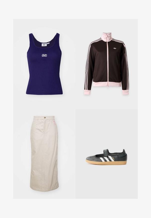 Čierno-ružová Adidas športová bunda s celým zipsom, ružové pruhy na rukávoch, ružové manžety a golier a logo Adidas na hrudi.; Námornícky modrý rebrovaný tielko bez rukávov, s malým bielym vyšitým logom na hrudi a okrúhlym výstrihom.; Béžová sukňa s pruhmi a vysokým pásom, skrytý zips a kovové zapínanie na gombík. Obsahuje malú značkovú etiketu na prednej strane.; Čierne kožené a zamšové tenisky s Velcro pásikom, s tromi bielymi pruhmi a gumenou podrážkou, označené nápisom "SAMBA" na boku.